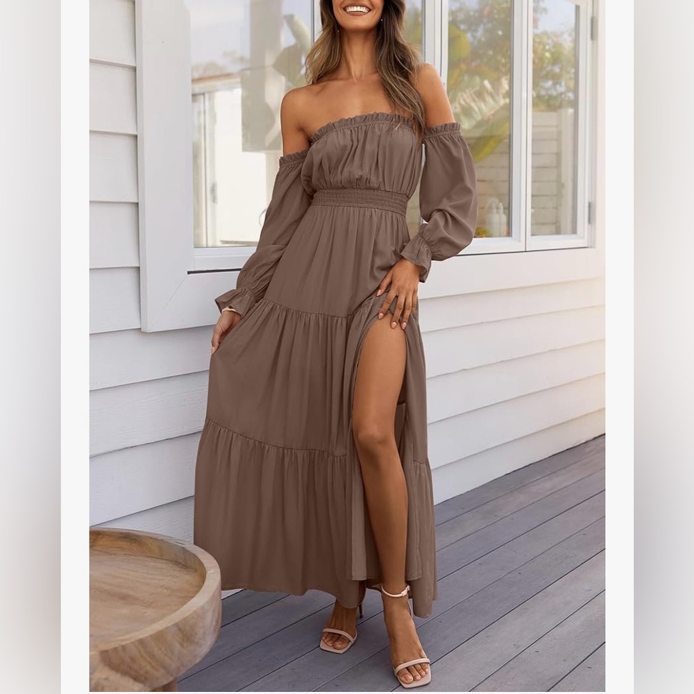 Chic Off-Shoulder Long Sleeve Maxi Dress in Brown